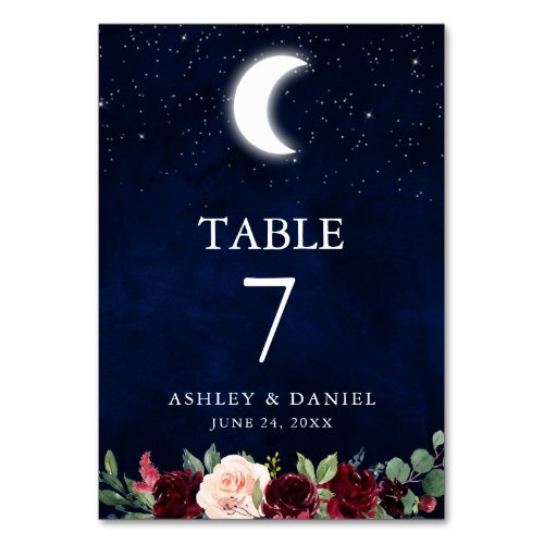 Celestial Wedding Sky Stars Moon Floral Table Number