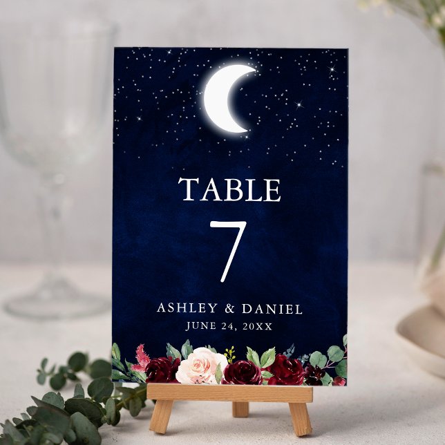 Celestial Wedding Sky Stars Moon Floral Table Number (Customize to change text size or text style.)