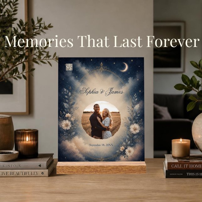 Celestial Wedding Song QR Code Anniversary Gift Acrylic Sign (Personalized celestial wedding song plaque with scannable QR code and custom couple photo.)