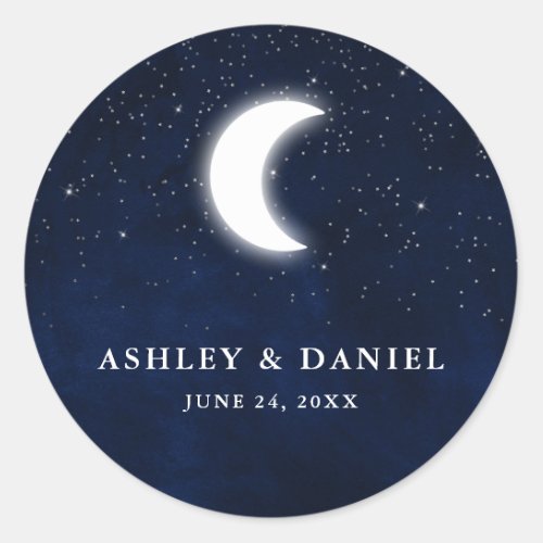 Celestial Wedding Watercolor Blue Sky Moon Stars Classic Round Sticker