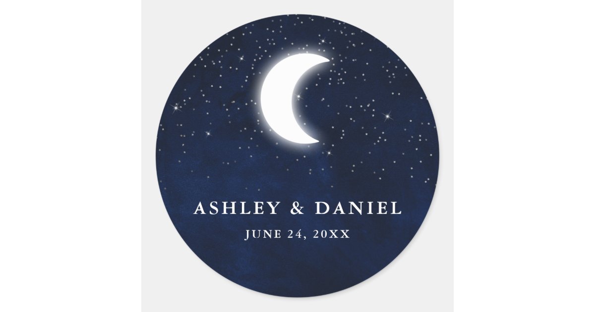 Celestial Wedding Watercolor Blue Sky Moon Stars Classic Round Sticker ...