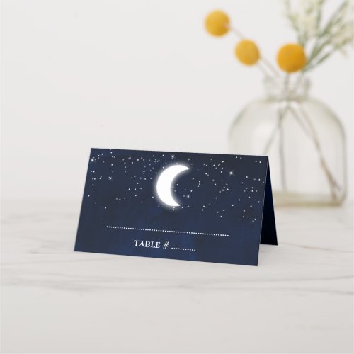 Celestial Wedding Watercolor Blue Sky Stars Moon Place Card