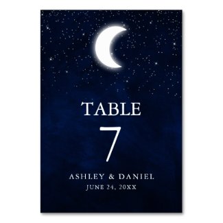 Celestial Wedding Watercolor Blue Sky Stars Moon Table Number