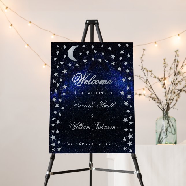 Celestial Wedding Welcome Faux Silver Stars & Moon Foam Board (In Situ (Stand))