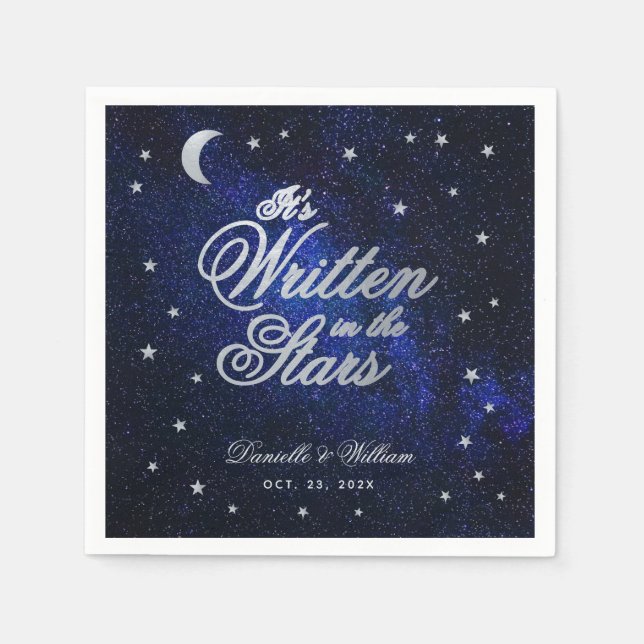 Celestial Wedding Written in The Stars & Moon Blue Napkins (Front)