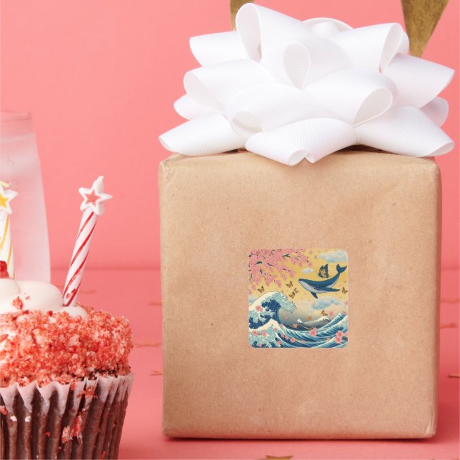 Celestial Whale among Cherry Blossoms - AI Art Square Sticker (Party)