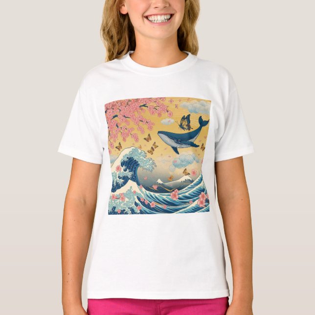 Celestial Whale among Cherry Blossoms - AI Art T-Shirt (Front)
