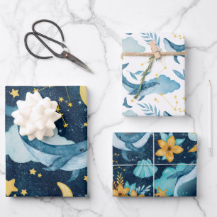 Celestial Whales Blue And Gold Kids Wrapping Paper Sheets