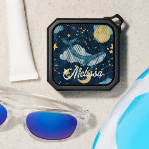 celestial whales gold stars script monogram bluetooth speaker