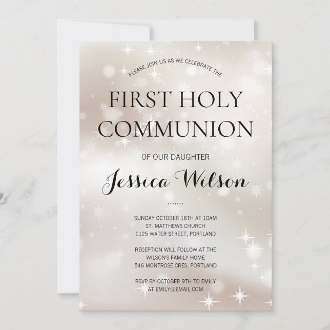 Celestial White Gold Stars First Holy Communion Invitation (Front)