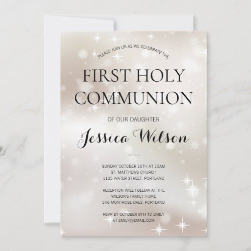 Celestial White Gold Stars First Holy Communion Invitation