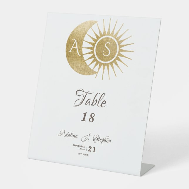 Celestial White Gold Sun Moon Crest Table Sign (Front)