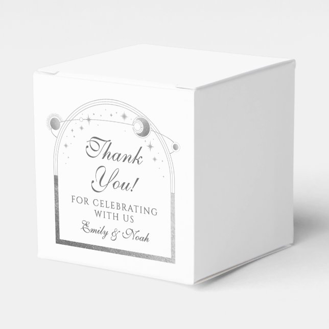 Celestial White Gold Sun Moon Stars Wedding Favor Boxes (Front Side)