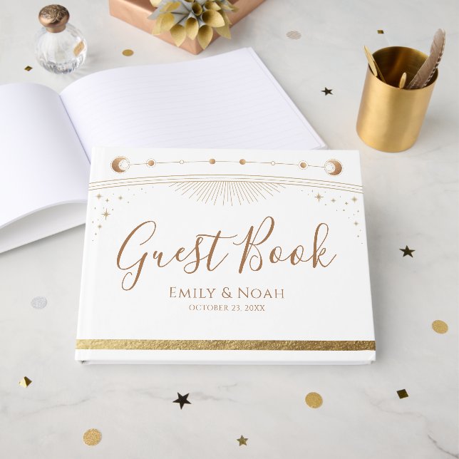 Celestial White Gold Sun Moon Stars Wedding  Guest Book (Front Open)