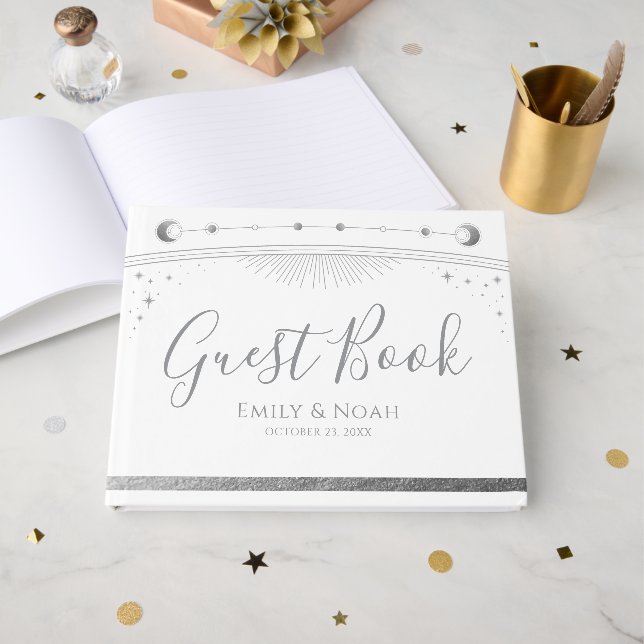 Celestial White Silver Sun Moon Stars Wedding  Guest Book (Front Open)