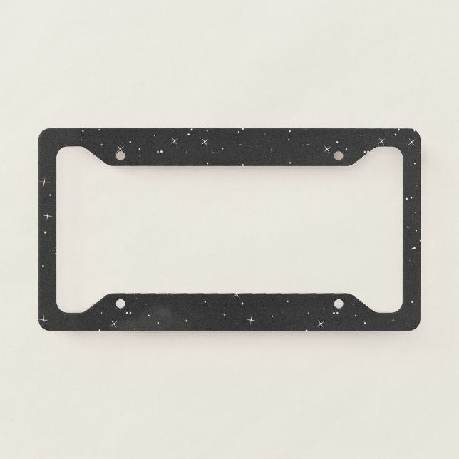 celestial white stars in black background license plate frame (Front)