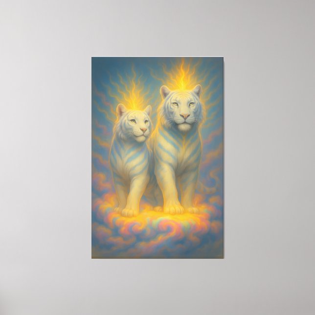Celestial White Tiger Couple – Warm Golden Aura Fi Canvas Print (Front)