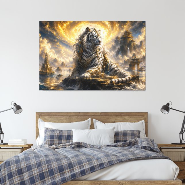 Celestial White Tiger Guardian of the Moonlit Rive Canvas Print (Insitu(Bedroom))