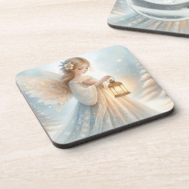 Celestial Winter Angel Lantern of Comfort Beverage Coaster (Left Side)