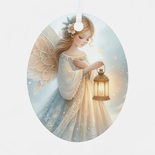 Celestial Winter Angel Lantern of Comfort Metal Ornament (Front)