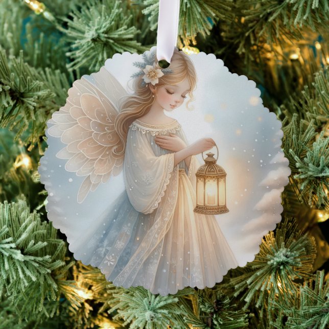 Celestial Winter Angel Lantern of Comfort Ornament Card (Insitu (Tree))