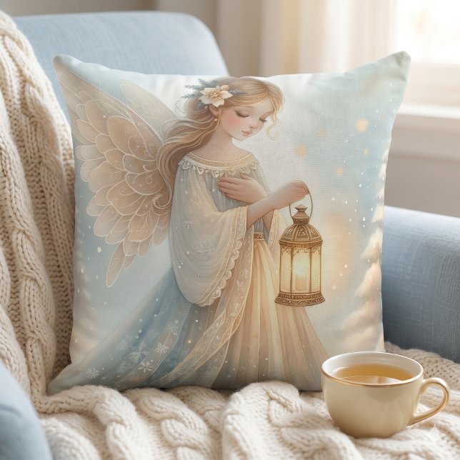 Celestial Winter Angel Lantern of Comfort Throw Pillow (Celestial Winter Angel Lantern of Comfort Throw Pillow)