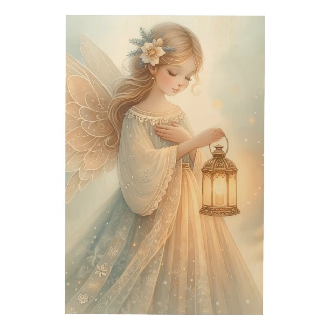 Celestial Winter Angel Lantern of Comfort Wood Wall Art (Front)