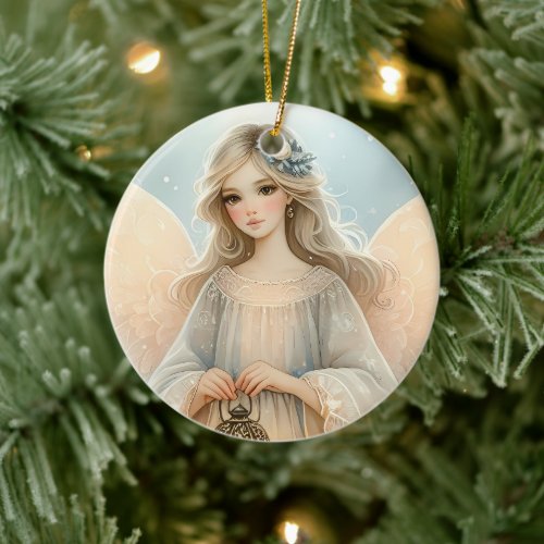 Celestial Winter Angel Lantern of Grace Ceramic Ornament