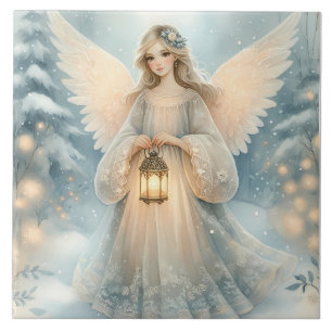 Celestial Winter Angel Lantern of Grace Ceramic Tile