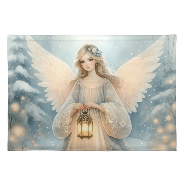Celestial Winter Angel Lantern of Grace Cloth Placemat (Front)