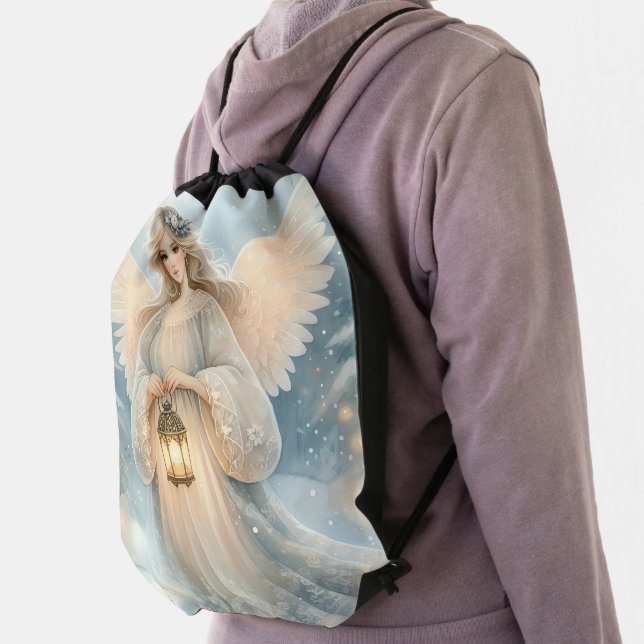 Celestial Winter Angel Lantern of Grace Drawstring Bag (Insitu)