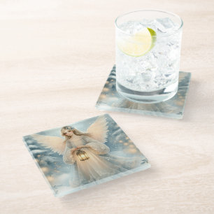 Celestial Winter Angel Lantern of Grace Glass Coaster