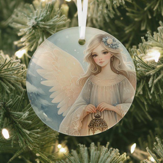 Celestial Winter Angel Lantern of Grace Glass Ornament (Insitu)