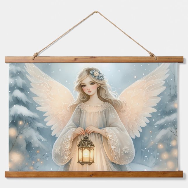 Celestial Winter Angel Lantern of Grace Hanging Tapestry (Front)