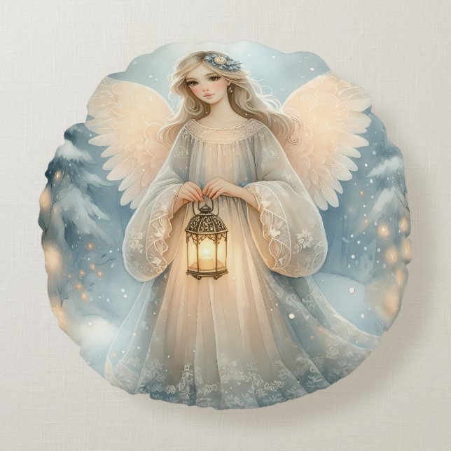 Celestial Winter Angel Lantern of Grace Round Pillow (Front)