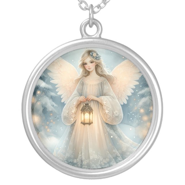 Celestial Winter Angel Lantern of Grace Silver Plated Necklace (Front)