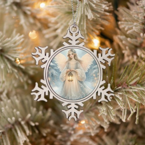 Celestial Winter Angel Lantern of Grace Snowflake Pewter Christmas Ornament