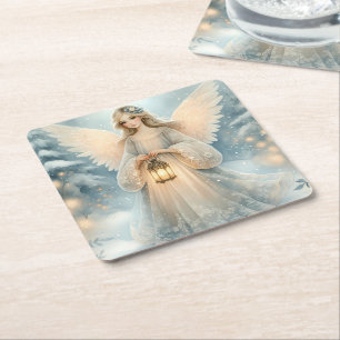 Celestial Winter Angel Lantern of Grace Square Paper Coaster