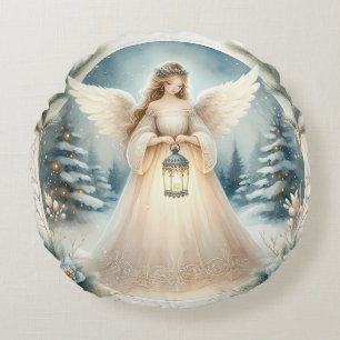 Celestial Winter Angel Lantern of Hope Round Pillow