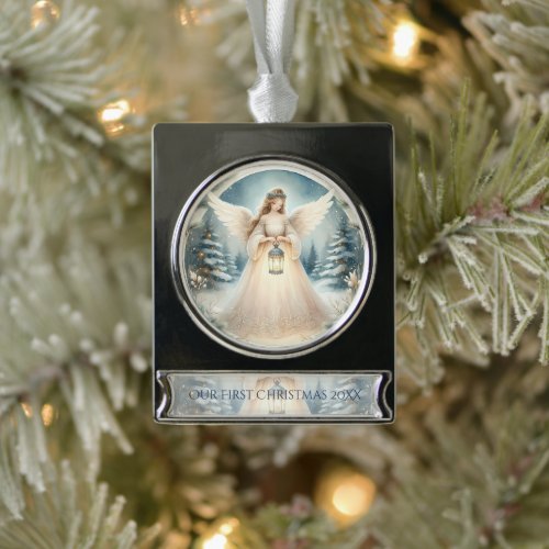 Celestial Winter Angel Lantern of Hope Silver Plated Banner Ornament