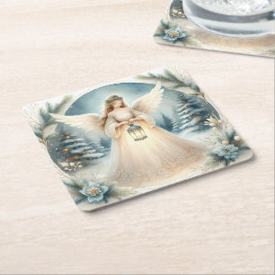 Celestial Winter Angel Lantern of Hope Square Paper Coaster