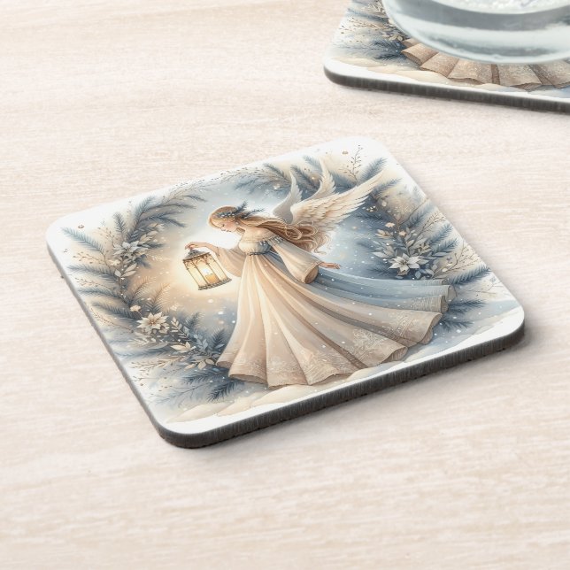 Celestial Winter Angel Lantern of Peace Beverage Coaster (Left Side)