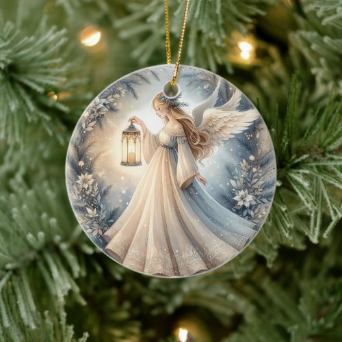Celestial Winter Angel Lantern of Peace Ceramic Ornament