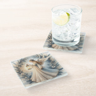 Celestial Winter Angel Lantern of Peace Glass Coaster