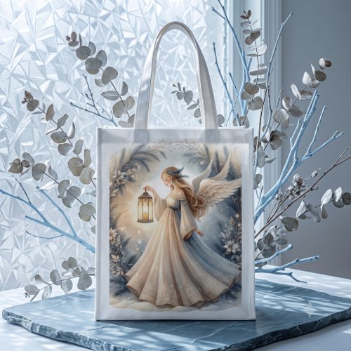 Celestial Winter Angel Lantern of Peace Grocery Bag