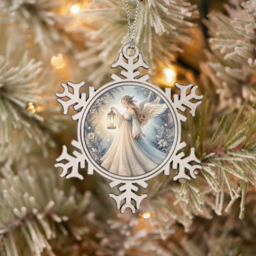 Celestial Winter Angel Lantern of Peace Snowflake Pewter Christmas Ornament