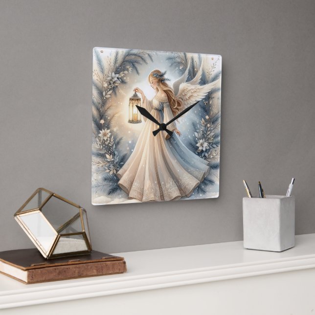 Celestial Winter Angel Lantern of Peace Square Wall Clock (Office)