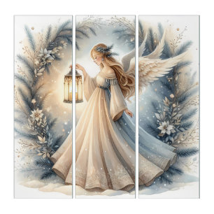 Celestial Winter Angel Lantern of Peace Triptych
