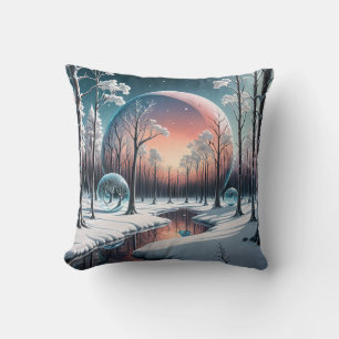 Celestial Winter Dream: Surreal Snowy Forest Throw Pillow