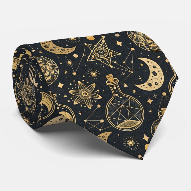 Celestial Witchcraft - Gold Moon, Potion Bottles 2 Neck Tie (Rolled)
